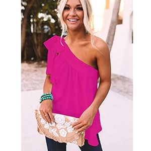 Pink One Shoulder Top GUTEIDEE Tie Neck Drapey Blouse Semi Formal Cocktail M NWT
